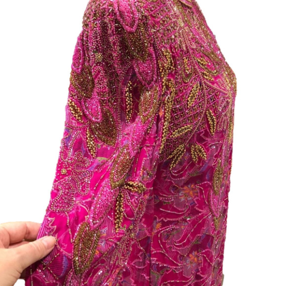 𝅺VINTAGE 1980s Fuchsia Pink Silk Beaded Cocktail Dress - Picture 6 of 12